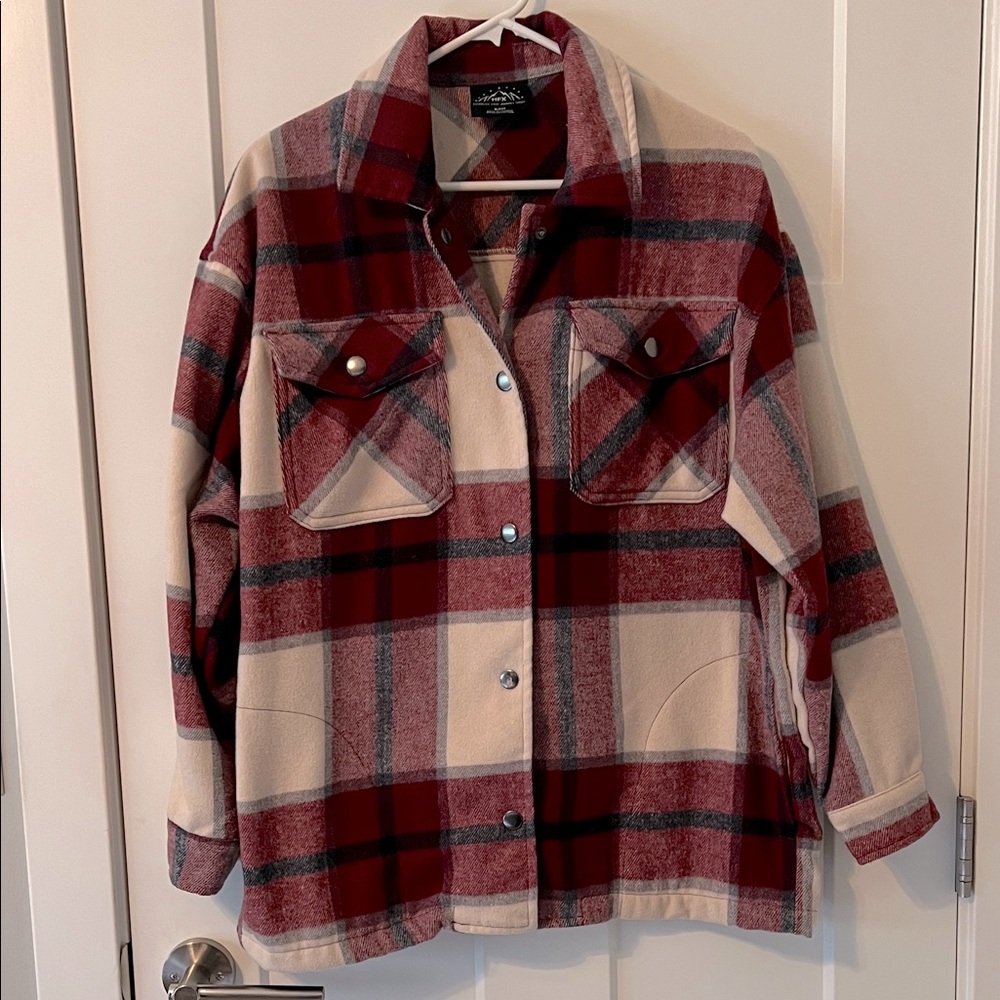 Plaid Button-Up Jacket - Red and Cream